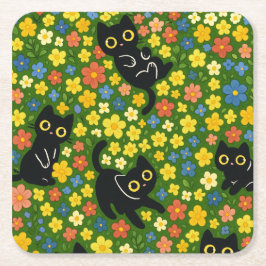 Cute Black Cats Floral Meadow Pattern Rechteckiger Pappuntersetzer