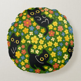 Cute Black Cats Floral Meadow Pattern Rundes Kissen
