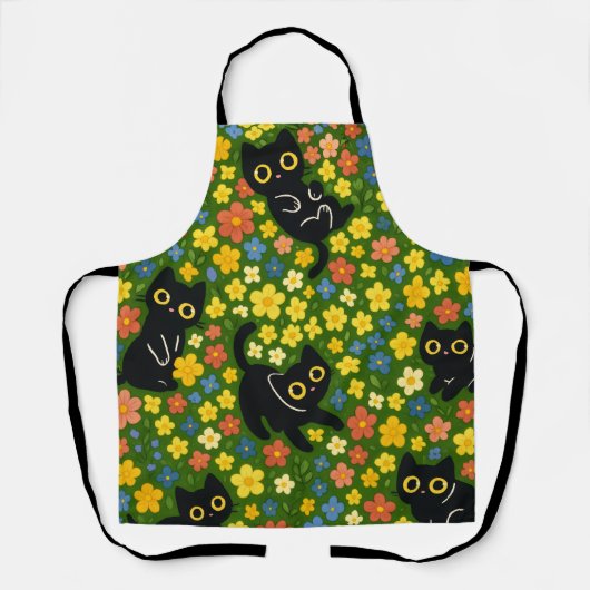 Cute Black Cats Floral Meadow Pattern Schürze (Vorderseite)