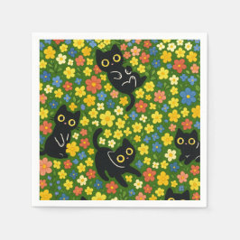 Cute Black Cats Floral Meadow Pattern Serviette