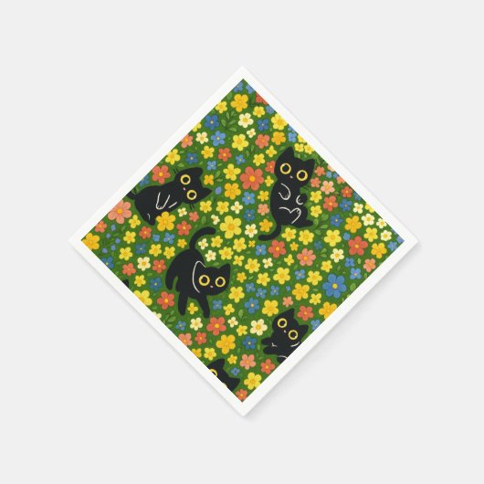 Cute Black Cats Floral Meadow Pattern Serviette (Ecke)
