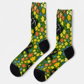 Cute Black Cats Floral Meadow Pattern Socken (Linkes Detail)