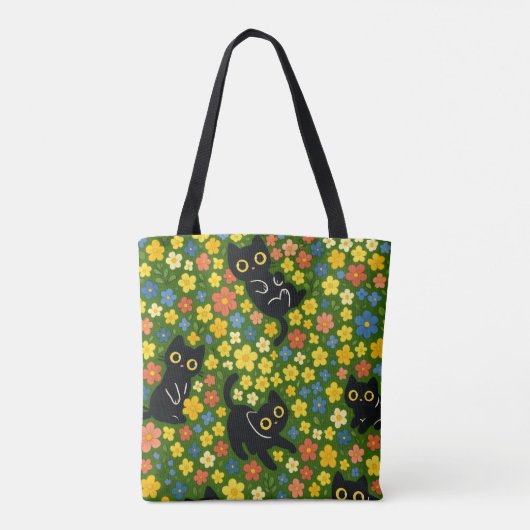 Cute Black Cats Floral Meadow Pattern Tasche (Rückseite)