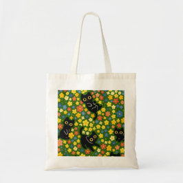 Cute Black Cats Floral Meadow Pattern Tragetasche