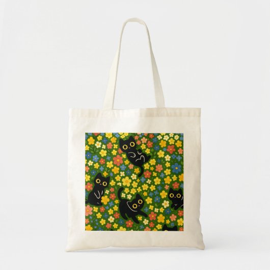 Cute Black Cats Floral Meadow Pattern Tragetasche (Vorne)