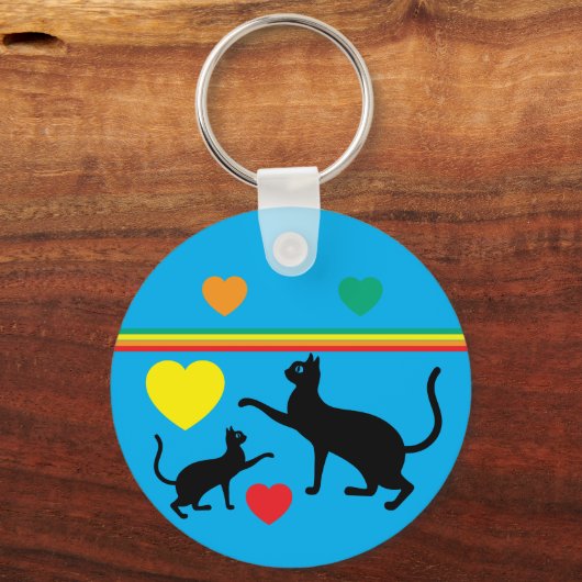 Cute Black Cats & Rainbow Shapes Blue Keychain Schlüsselanhänger (Rückseite)