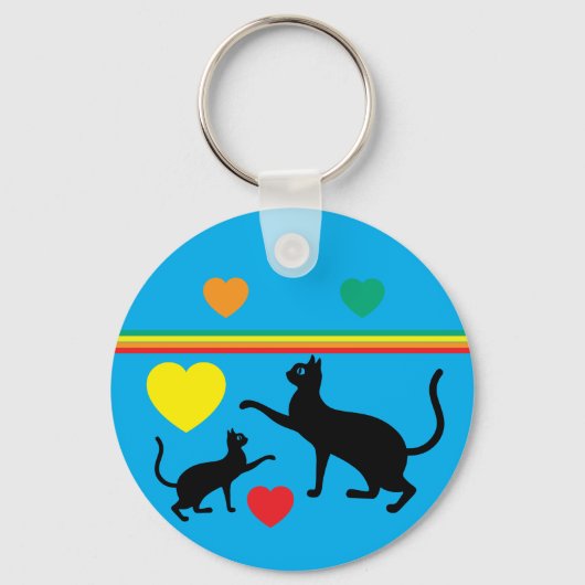 Cute Black Cats & Rainbow Shapes Blue Keychain Schlüsselanhänger (Rückseite)
