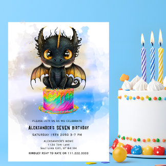 Cute Black Dragon Rainbow Cake Fairytale Birthday  Einladung
