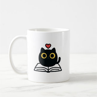 Cute Black Kawaii Cat Reading Book Cartoon Kaffeetasse
