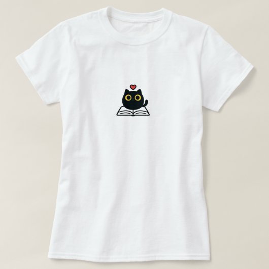 Cute Black Kawaii Cat Reading Book Cartoon T-Shirt (Design vorne)