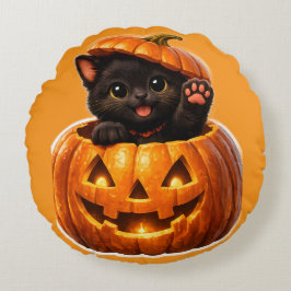 Cute black kitten and jack-o'-lantern spooky sweet rundes kissen