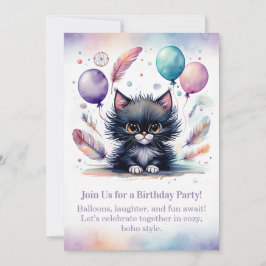 Cute Black Kitten Birthday Invitation Boho Einladung