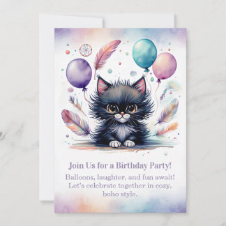 Cute Black Kitten Birthday Invitation  Boho  Einladung