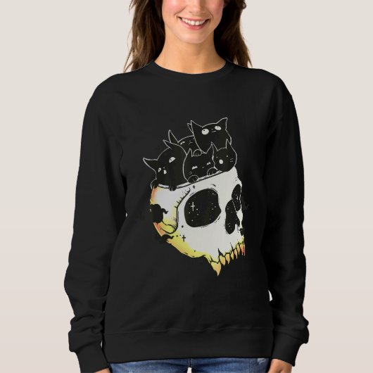Cute Black Kittens In Skull Art Sweatshirt (Vorderseite)