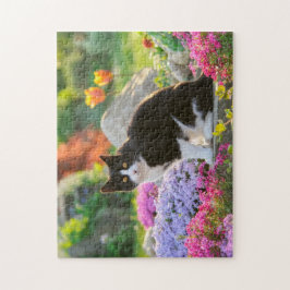 Cute Black White Cat in a Colorful Flowery Garden Puzzle