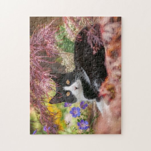 Cute Black-White Cat Resting under a Maple Tree - Puzzle (Vertikal)