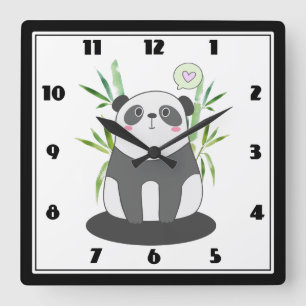 Cute Black & White Panda in Bamboo Quadratische Wanduhr