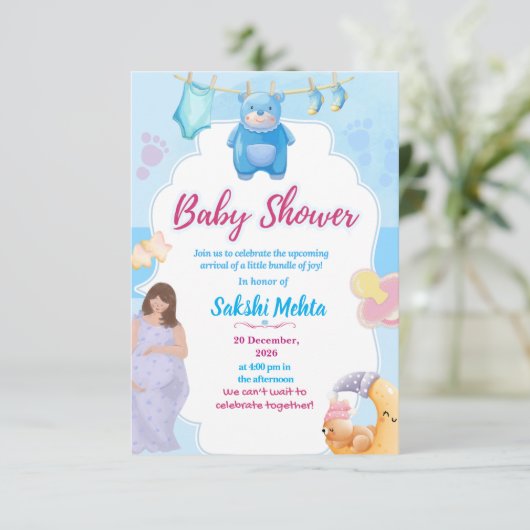Cute Blue Baby Shower Invitation Dankeskarte (Stehend Vorderseite)