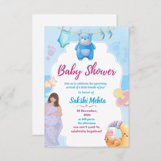 Cute Blue Baby Shower Invitation Dankeskarte (Vorne/Hinten)