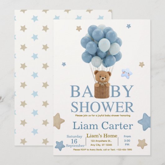 Cute Blue Boy Baby Shower Invitation Dankeskarte (Vorne/Hinten)