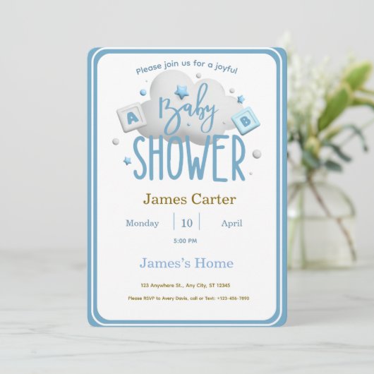 Cute Blue Boy Baby Shower Invitation Einladung (Stehend Vorderseite)