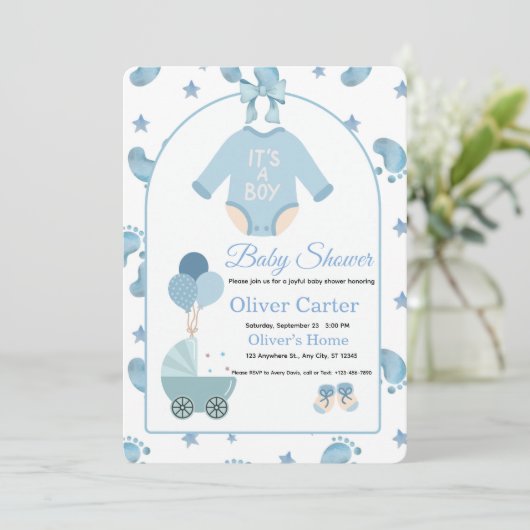 Cute Blue Boy Baby Shower Invitation Einladung (Stehend Vorderseite)