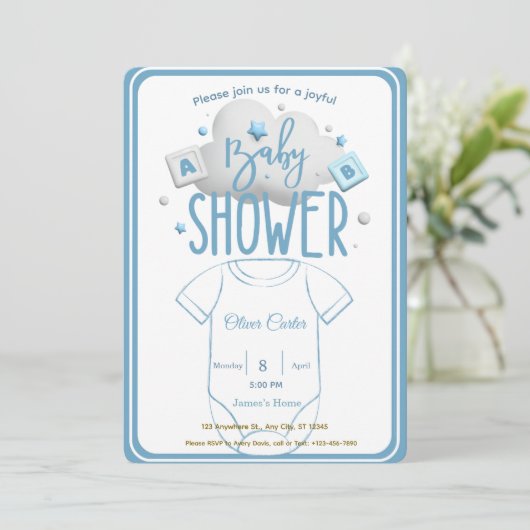 Cute Blue Boy Baby Shower Invitation Einladung (Stehend Vorderseite)