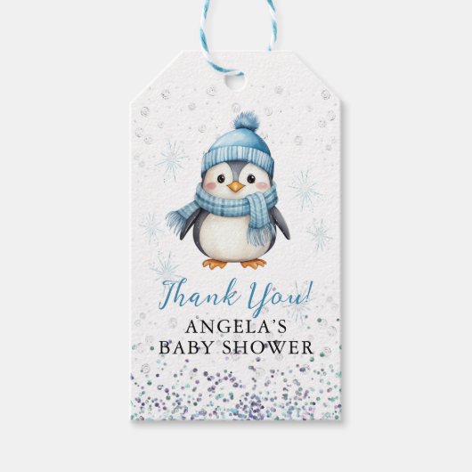 Cute Blue Boy Penguin Winter Baby Shower  Geschenkanhänger (Vorderseite)