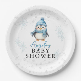 Cute Blue Boy Penguin Winter Baby Shower Pappteller