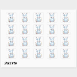 Cute Blue Bunny Party Theme Pastel Floral Quadratischer Aufkleber