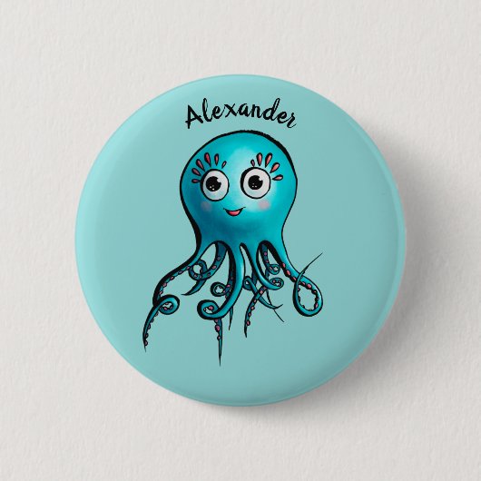 Cute Blue Cartoon Octopus - Smiling Sea Creature Button (Vorderseite)