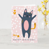 Cute Blue Cat Pink Kids Birthday Karte (Gelbe Blume)