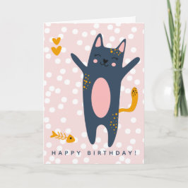Cute Blue Cat Pink Kids Birthday Karte