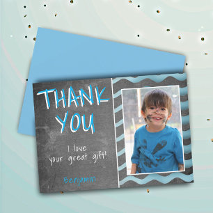 Cute Blue Chalkboard Birthday Photo Dankeskarte