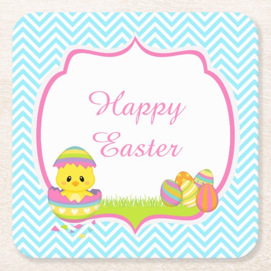 Cute Blue Chevrons Easter Chick Easter Egg Hunt Rechteckiger Pappuntersetzer (Vorderseite)
