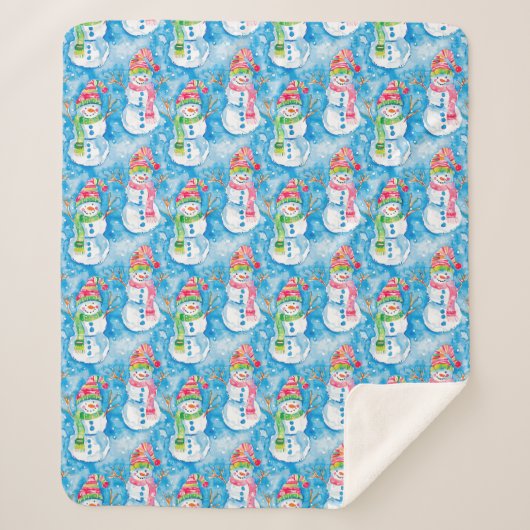 Cute Blue Christmas Watercolor Snowman Sherpadecke (Vorderseite)
