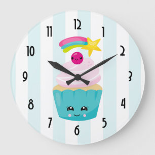 Cute Blue Cupcake with Kawaii Face Große Wanduhr