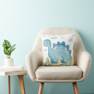 Cute Blue Dinosaur Nursery Throw Pillow Watercolor Kissen