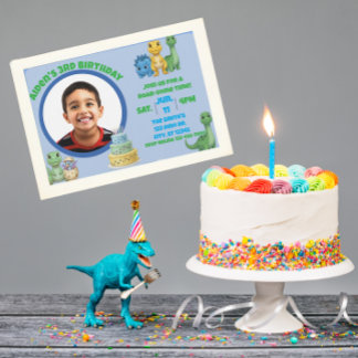 Cute Blue Dinosaur with Picture Birthday Einladung