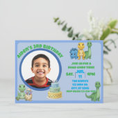 Cute Blue Dinosaur with Picture Birthday Einladung (Stehend Vorderseite)