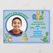 Cute Blue Dinosaur with Picture Birthday Einladung (Vorderseite)