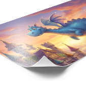 Cute Blue Dragon Flying Over Castle  Fotodruck (Ecke)