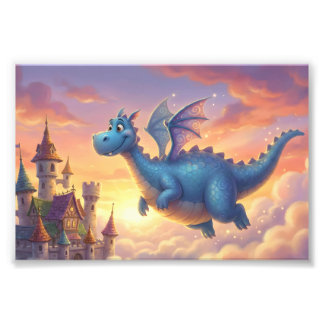 Cute Blue Dragon Flying Over Castle Fotodruck