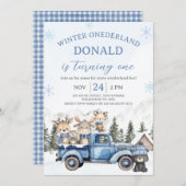 Cute Blue Editiable Winter Onederland Birthday  Einladung (Vorne/Hinten)