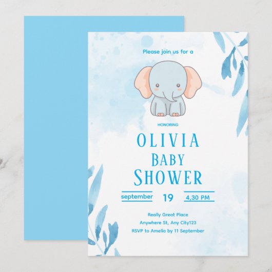 Cute Blue Elephant Baby Shower Einladung (Vorne/Hinten)