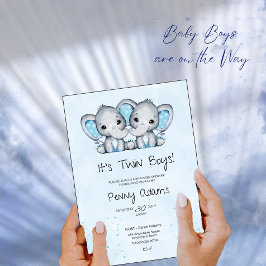 Cute Blue Elephant Twins Baby Shower Invitation Dankeskarte