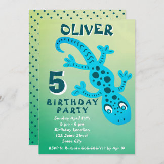 Cute Blue Gecko Lizard Boy Birthday Party Einladung