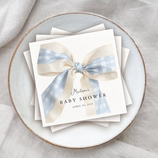 Cute Blue Gingham Checks Bow Baby Shower Serviette