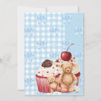 Cute Blue Gingham Teddy Bear & Ribbon Einladung