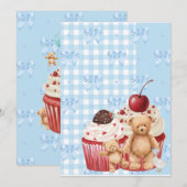 Cute Blue Gingham Teddy Bear & Ribbon  Einladung (Vorne/Hinten)